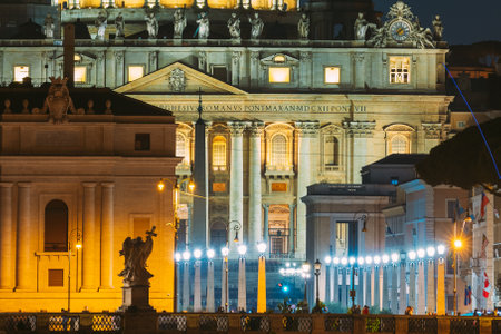 Rome, Italy. Papal Basilica Of St. Peter In The Vatican And Aelian Bridge In Evening Night Illuminationsの写真素材