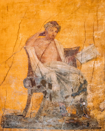 Pompeii, Italy. Ancient Frescoes In Wall Of Old Buildingの写真素材