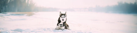 Siberian Husky Dog Sitting Outdoor In Snowy Park At Sunny Winter Day. Dog Sit In Snow. Pet Resting...