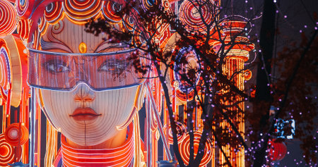 Beijing, China. Zigong Lantern Festival In Beijing. Amazing Glowing Lantern In Form Of Futuristic Chinese Girl. Lantern Festival In Beijing Garden Expo Park. National Intangible Cultural Heritage Of China. Cyberpunk Concept. Development And Innovation. Modern Digital China Conceptの写真素材