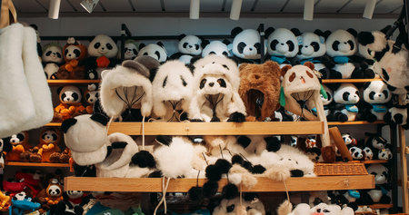 Beijing, China. Souvenir Shop With Panda Hats. Giant Panda Also Panda Bear Or Simply, Is Bear Species Endemic To China. Panda Diplomacy. Travel To China. Tourist Souvenir Shop. National Symbol Of China, Personifying Sincerity, Friendliness, Tolerance And Kindnessの写真素材
