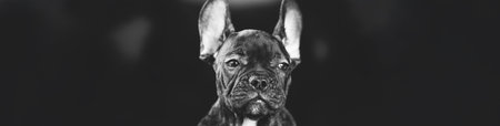 Young Curious Black French Bulldog Dog Puppy On black Background. Pets Friendship Concept. Lovely Domestic Pets. Portrait in black and white colors. Panorama.の写真素材