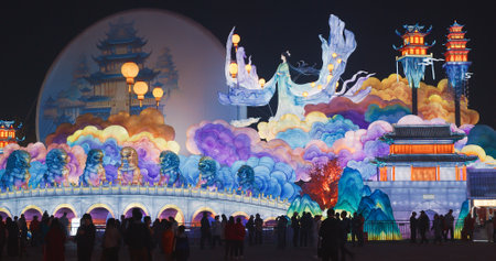 Beijing, China. People Visit Zigong Lantern Festival In Beijing. Amazing Lighting Composition Of Mythological Story About Moon Goddess Change And Her Rabbits, Who Stole Elixir Of Immortality From Her Husband And Flew Away To Live On Moon. Change Is Goddess Of Moon. National Intangible Cultural Heritage Of China. Lantern Festival In Beijing Garden Expo Park. Chinese Lunar New Year Conceptの写真素材