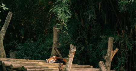 Red Panda Resting And Falls Asleep. White-browed Laughingthrush Birds Jump And Fly On Background. Ailurus Fulgens Or Lesser Panda Is Small Mammal Native To Eastern Himalayas And Southwestern China. Red Pandas Are Also Symbol Of Goodness And Good Fortune In Chinese Culture. Endangered Species Of Animals. Travel To China. Discover China. Pterorhinus Sannioの写真素材