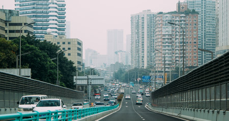 Chengdu, Sichuan, China. Smog Over City. High-rise Houses Elevated View Cityscape Skyline On Background. Urban Residential Areas. Real Estate, Development Industry. Heavy Car Trafficの写真素材