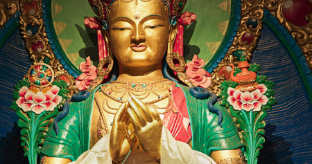 Buddha. Gompas Are Buddhist Altars Or Monasteries Located In Himalayan Region. Altar Represents Triratna -three Jewels-, Buddha, Dharma -discussions And Teachings Of Buddha- And Sangha -monastery-の写真素材