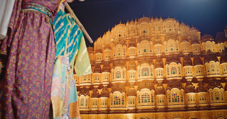 Hawa Mahal Palace In Night Illuminations. Palace Of Winds. Built From Red And Pink Sandstone, It Is On Edge Of City Palace, Jaipur. Maharaja Sawai Pratap Singh Built This Palace In 1799. Very Unique As It Has Many Small Windows And Balconiesの写真素材