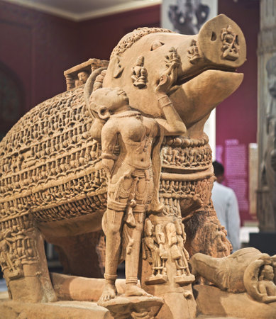 Close-up View On Varaha - Colossal Boar Is Third Incarnation Of Lord Vishnu. Varaha Is Depicted As Boar Or In Anthropomorphic Form, With Boars Head And Human Body. Varaha and His Consort Bhumiの写真素材
