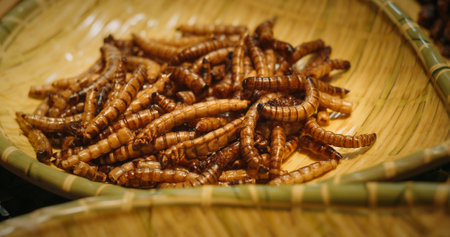 Chengdu, Sichuan, China. Fried Mealworm Larvae. Street Roasted Mealworm. Popular Snacks In Southeast Asia. New Source Of Protein. Fried Silk Worms Sichuan Snack. Mealworm Pupae Are Good Source Of Protein, Lipids, Minerals, And Vitamins. Modern Food Conceptの写真素材