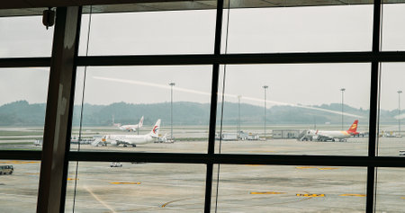 Chengdu, Sichuan, China. View From Inside Chengdu Tianfu International Airport. Tianfu Airport. Airplanes On Far Backgroundの写真素材