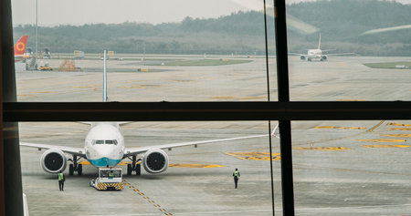 Chengdu, Sichuan, China. Boeing 777 Being Pushed Back At Tianfu Airport. Pushbacks Carried Out By...