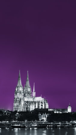 Cologne, Germany. Night View Of Cologne Cathedral. Catholic Gothic Cathedral In Night. UNESCO World Heritage Site. Toned Photo Black, White And Ultra Violet Colorsの写真素材