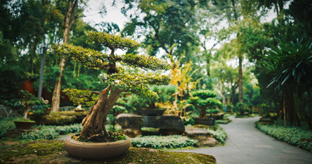 Chengdu, Sichuan, China. Garden Area Of Wuhou Memorial Temple. Ornamental Bonsai Tree. Bamboo Bushes On Background. Comfortable Environment To Embrace Nature. Wide Spread Of Cypresses, Willows, Ginkgo And Bamboosの写真素材