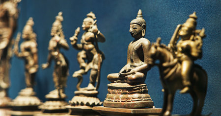 Old Ancient Bronze Figurines Of Indian Deities And Avatars in Row. 10-19th Century Ce. Rama Avatara,...