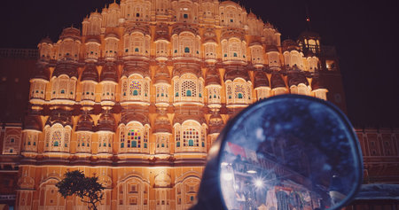 Hawa Mahal Palace In Night Illuminations. Palace Of Winds. Built From Red And Pink Sandstone....