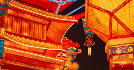 Beijing, China. Palace Lantern Reunion. On Chinese Lantern Festival, People Will Hang Red Lantern, Which Symbolizes Family Reunion. Zigong Lantern Festival In Beijing. National Intangible Cultural Heritage Of China. In China Red Is Color Of Sun And Joy. Paper Lantern Is Symbol Of Hearth, Comfort, Kindness. Asian Culture. Beijing Garden Expo Parkの写真素材