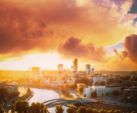 Vilnius, Lithuania. Skyline Cityscape Of Vilnius, In Sunset Lights. Summer Evening. Beautiful Viewの写真素材