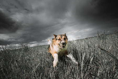 Dog Running Outdoors In Green Meadow On Cameraの写真素材