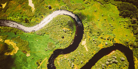 Aerial View Green Forest Woods And River Landscape In Sunny Spring Summer Day. Top View Of Beautiful European Nature From High Attitude In Autumn Season. Drone View. Birds Eye Viewの写真素材