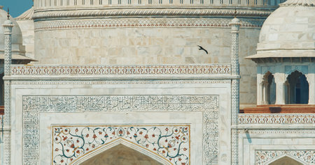 Agra, Uttar Pradesh, India. Black Kites Flying In Motion Above Taj Mahal Tower And Walls. Air Melts And Shivers Due To High Temperature. Seven World Wonders. Fabulous Taj Mahal Travel Concept. Indian Islamic Heritage At Sunny Day. Marble Mausoleum On Right Bank Of The River Yamuna In Agra.の写真素材