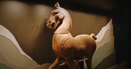 Chengdu, Sichuan, China. Pottery Horse. Of Three Kingdoms Period. Wuhou Memorial Temple Known As Memorial Temple Of Marquis Wu. Ancient Clay Sculpture Horseの写真素材