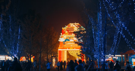 Beijing, China. People Visit Zigong Lantern Festival In Beijing. Lantern Festival In Beijing Garden Expo Park. National Intangible Cultural Heritage Of China. Paper Lantern Is Symbol Of Hearth, Kindness, Comfortの写真素材