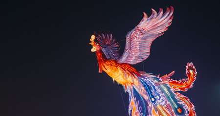 Beijing, China. Zigong Lantern Festival In Beijing. Amazing Lighting Composition Phoenix Dance From Ninth Heaven. Chinese Phoenix Fenghuang Are Mythological Birds. Symbol Of Virtue And Grace. Fenghuang Also Symbolizes Union Of Yin And Yang. Lantern Festival In Beijing Garden Expo Park. National Intangible Cultural Heritage Of Chinaの写真素材