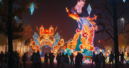 Beijing, China. Zigong Lantern Festival In Beijing. Amazing Lighting Composition Phoenix Dance From Ninth Heaven. Chinese Phoenix Fenghuang Are Mythological Birds. Symbol Of Virtue And Grace. Fenghuang Also Symbolizes Union Of Yin And Yang. Lantern Festival In Beijing Garden Expo Parkの写真素材