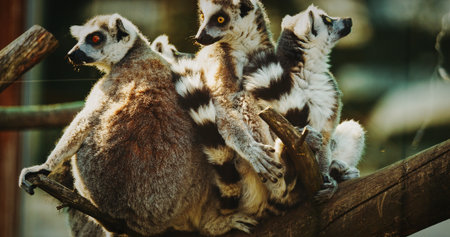 Playful Lemurs Together Amidst Tree Branchesの写真素材