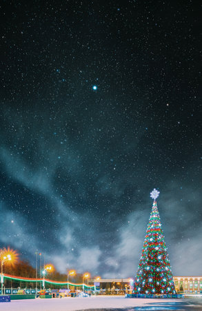Elegant Christmas Tree Illuminated by Twinkling Lightsの写真素材