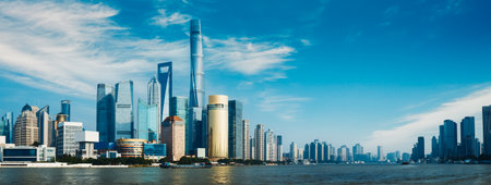 Dramatic Skyline Highlighted by Iconic Structures and Building Reflections Shanghai, Chinaの写真素材
