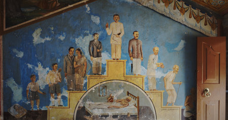 Colorful Historical Wall Art Depicting Humanityの写真素材