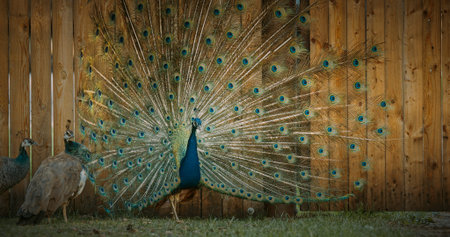 peacock fluffs up his tail and dances in front of the female. Indian Peacock Has Iridescent Blue And...