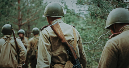 Group of Soldiers Walking Through Forest with Riflesの写真素材