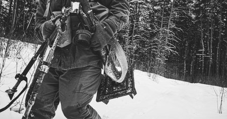 Usa Army Soldiers Of World War Ii. Re-enactors Dressed As American Infantry Soldier Going Through Forest Road With Mortar. Two Usa Soldiers Marching By Country Road.の写真素材