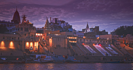 Varanasi, India. General View On Mata Anandamayi Ghat and Vaccharaja Ghat. Graffiti And Murals At...