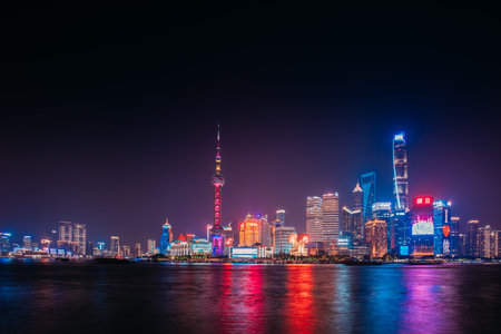 Enchanting City Lights in Shanghai at Night Timeの写真素材