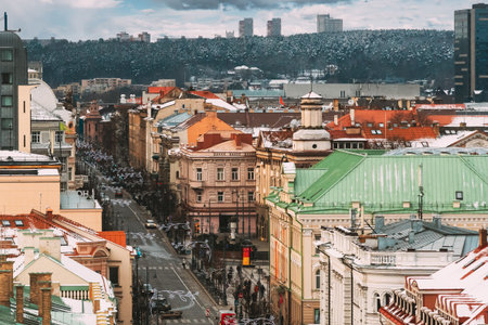Vilnius Lithuania. Gediminas Avenue With Holiday Decorations In Winter Day. Rooftop View.の写真素材