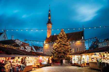 Tallinn, Estonia. Traditional Christmas Market On Town Hall Square. Christmas Tree And Trading Houses. Famous Landmark.の写真素材