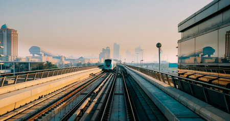 monorail Metro In Dubai, United Arab Emirates. FPV POV At Fast Speed Drive Motion. driverless metro. futuristic city skyline in UAE.street motion Dubai Subway Tunnelの写真素材