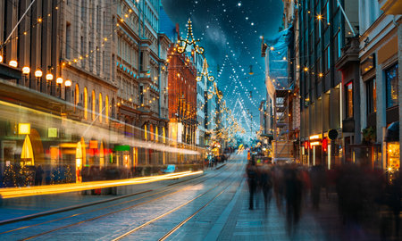 Helsinki, Finland. Trams Departs From Stop On Aleksanterinkatu Street. Night Evening Christmas Xmas New Year Festive Street Illumination. Decorations During Winter Holidays At Night. Night stars skyの写真素材