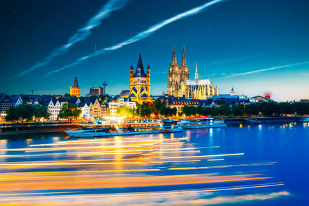 Great St. Martin Church And Dom In Cologne At Evening With Reflection In River Rhine, Germanyの写真素材