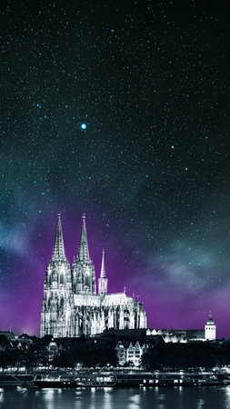 Cologne, Germany. Night View Of Cologne Cathedral. Catholic Gothic Cathedral In Night. UNESCO World Heritage Site. Toned Photo Black, White And Ultra Violet Colors. Night starry stars sky.の写真素材