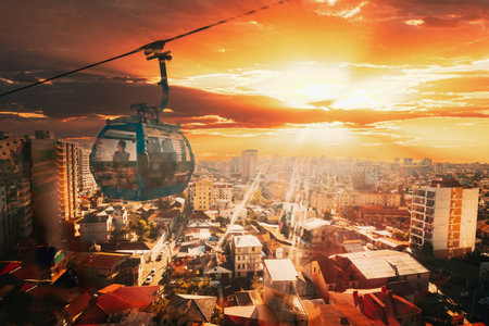 Batumi, Adjara, Georgia. Sun Shining Through Window In Aerial Lift Cableway In Sunny Summer Day. Pendant Roadの写真素材