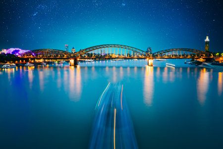 Night View Of Hohenzollern Arch Bridge Over River Rhine, Germany. Europe.の写真素材