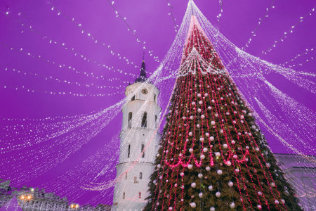 Vilnius, Lithuania. Christmas Tree On Background Bell Tower Belfry Of Vilnius Cathedral In Evening New Year Christmas Xmas Illuminations. Unesco World Heritage Siteの写真素材