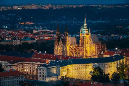 Prague, Czech Republic. Night View Of Prague Castle, St. Vitus Cathedral. Lesser Town, Prague Castle In Night Lighting Illumination. Famous Landmark, UNESCO World Heritageの写真素材