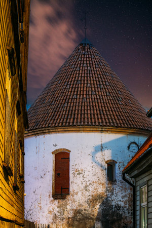 Parnu, Estonia. Night Evening View Of Red Tower Is The Only Surviving Part Of City Defensive Wall, Was Used As Prisonの写真素材