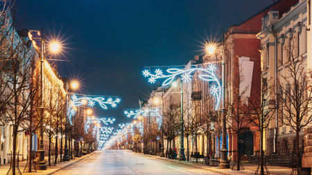Vilnius, Lithuania. Gediminas Avenue Or Gedimino Street In Evening Christmas Xmas New Year Illuminationsの写真素材