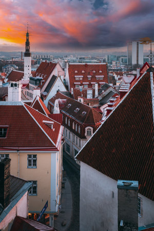 Tallinn, Estonia, Europe. Rooftop View Of Tallinn Skyline Cityscape During Sunrise. Old Town And Modern City At Morning. Popular Place With Famous Landmarks. UNESCO.の写真素材